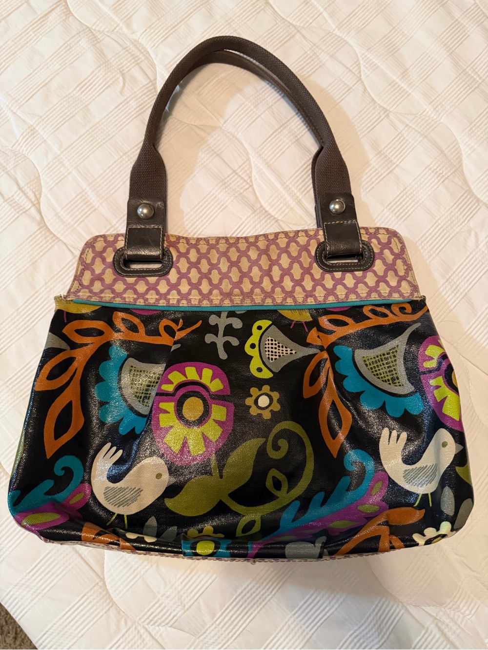 Fossil Key-Per Bird Floral Coated Canvas Tote Handbag Vintage Y2K